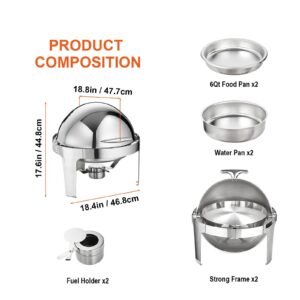 roll top chafing dish buffet set, 6 qt 2 pack, stainless steel chafer with 2 full size pans, round catering warmer server with lid water pan stand fuel holder, for at least 5 people each