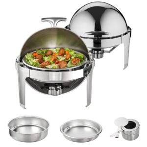 roll top chafing dish buffet set, 6 qt 2 pack, stainless steel chafer with 2 full size pans, round catering warmer server with lid water pan stand fuel holder, for at least 5 people each