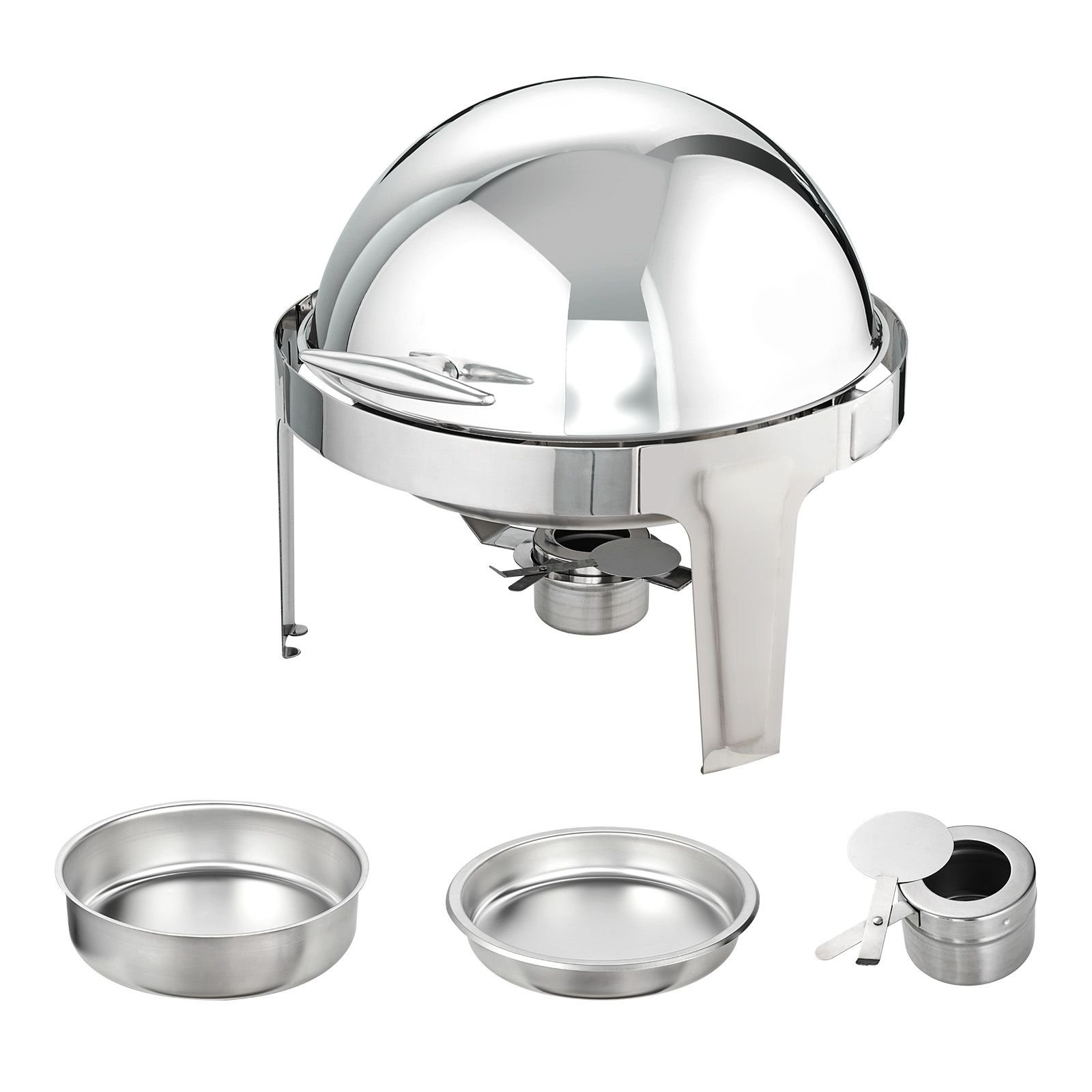 roll top chafing dish buffet set, 6 qt 2 pack, stainless steel chafer with 2 full size pans, round catering warmer server with lid water pan stand fuel holder, for at least 5 people each