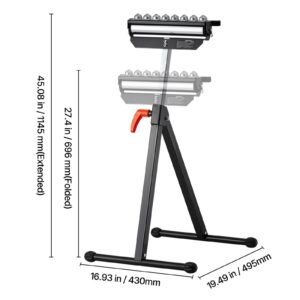 roller stand, 300 lb load capacity, 26.8 42.5 in adjustable height, folding heavy duty with 11.5 inch polished multi directional roller head, for table saw outfeed woodworking extension support