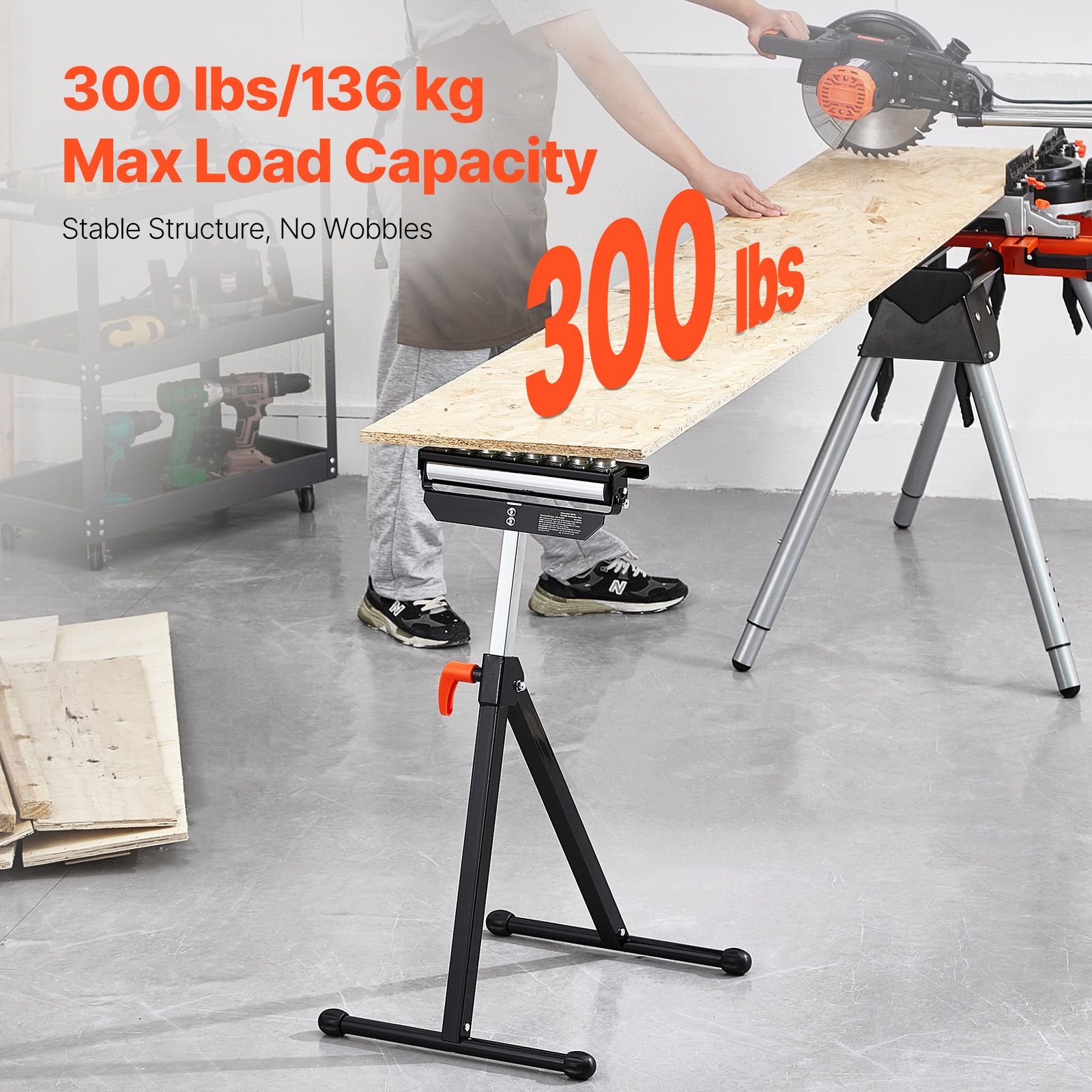 roller stand, 300 lb load capacity, 26.8 42.5 in adjustable height, folding heavy duty with 11.5 inch polished multi directional roller head, for table saw outfeed woodworking extension support