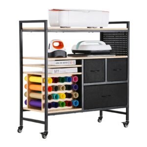 rolling craft cart and storage table, compatible with cricut machines, crafting table organization workstation, craft rolling storage organizer with 20 vinyl roll holders and 3 drawers, black