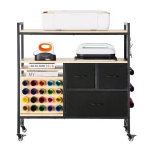 Rolling Craft Cart and Storage Table, Compatible with Cricut Machines, Crafting Table Organization Workstation, Craft Rolling Storage Organizer with 20 Vinyl Roll Holders and 3 Drawers, Black