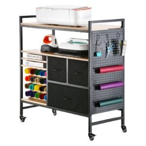 rolling craft cart and storage table, compatible with cricut machines, crafting table organization workstation, craft rolling storage organizer with 20 vinyl roll holders and 3 drawers, black