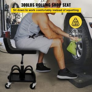 rolling garage stool, 300lbs capacity, adjustable height from 15.7 in to 20.5 in, mechanic seat with 360 degree swivel wheels and tool tray, for workshop, auto repair shop, black