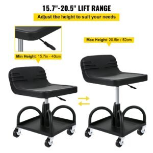 rolling garage stool, 300lbs capacity, adjustable height from 15.7 in to 20.5 in, mechanic seat with 360 degree swivel wheels and tool tray, for workshop, auto repair shop, black