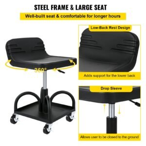 rolling garage stool, 300lbs capacity, adjustable height from 15.7 in to 20.5 in, mechanic seat with 360 degree swivel wheels and tool tray, for workshop, auto repair shop, black