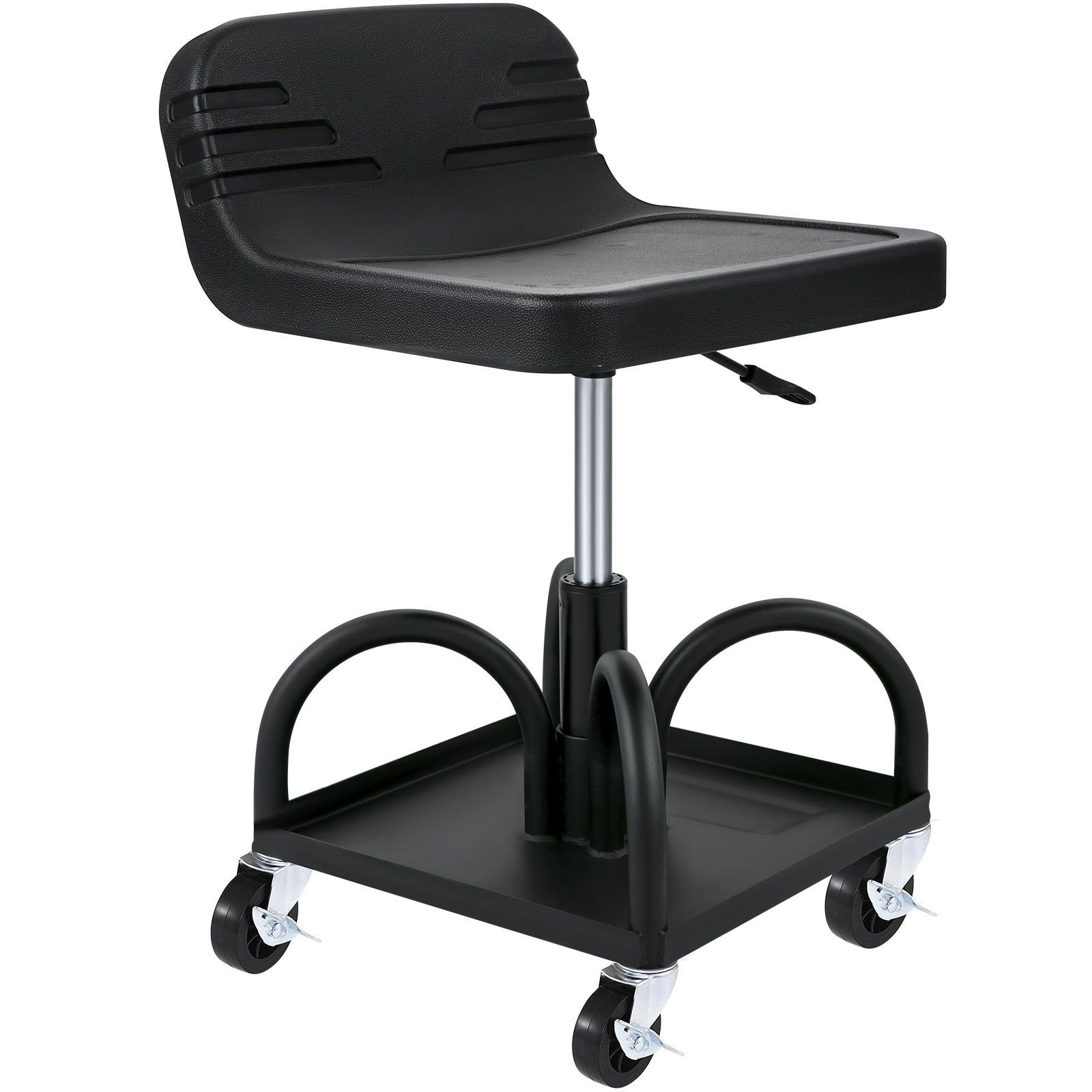 rolling garage stool, 300lbs capacity, adjustable height from 15.7 in to 20.5 in, mechanic seat with 360 degree swivel wheels and tool tray, for workshop, auto repair shop, black