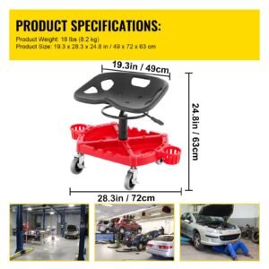 rolling garage stool, 300lbs capacity, adjustable height from 18 in to 23 in, 360 degree swivel wheels (4"), large tool tray with two bottle holder, for workshop, auto repair shop, red