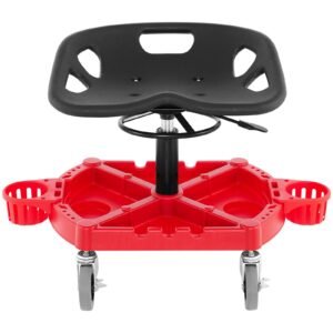 rolling garage stool, 300lbs capacity, adjustable height from 18 in to 23 in, 360 degree swivel wheels (4"), large tool tray with two bottle holder, for workshop, auto repair shop, red