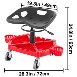 rolling garage stool, 300lbs capacity, adjustable height from 18 in to 23 in, 360 degree swivel wheels (4"), large tool tray with two bottle holder, for workshop, auto repair shop, red