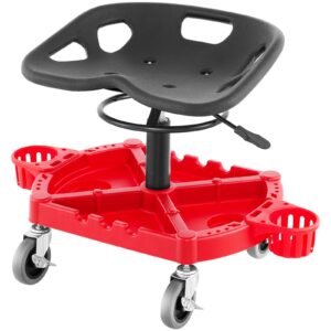 rolling garage stool, 300lbs capacity, adjustable height from 18 in to 23 in, 360 degree swivel wheels (4"), large tool tray with two bottle holder, for workshop, auto repair shop, red