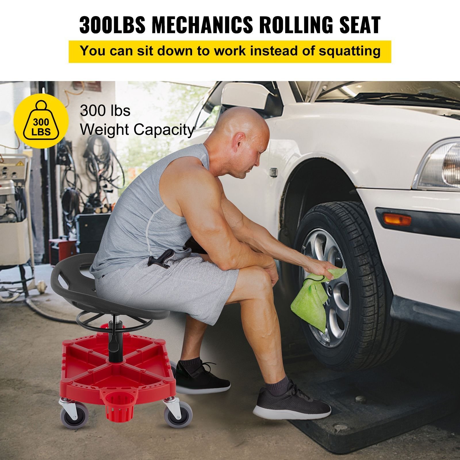 rolling garage stool, 300lbs capacity, adjustable height from 18 in to 23 in, 360 degree swivel wheels (4"), large tool tray with two bottle holder, for workshop, auto repair shop, red