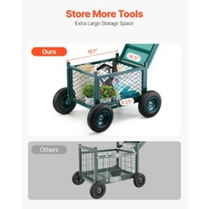 rolling garden cart with seat, metal rolling garden work seat with wheels, supports up to 400 lbs, heavy duty gardening cart scooter, outdoor wagon & stool on wheels for lawn, patio, backyard
