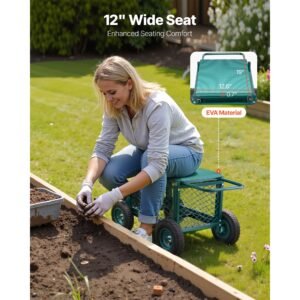 rolling garden cart with seat, metal rolling garden work seat with wheels, supports up to 400 lbs, heavy duty gardening cart scooter, outdoor wagon & stool on wheels for lawn, patio, backyard