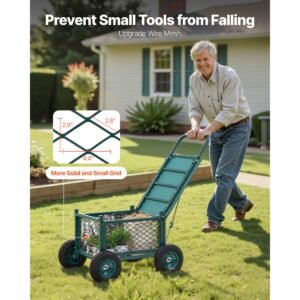 rolling garden cart with seat, metal rolling garden work seat with wheels, supports up to 400 lbs, heavy duty gardening cart scooter, outdoor wagon & stool on wheels for lawn, patio, backyard