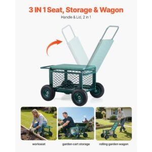 rolling garden cart with seat, metal rolling garden work seat with wheels, supports up to 400 lbs, heavy duty gardening cart scooter, outdoor wagon & stool on wheels for lawn, patio, backyard