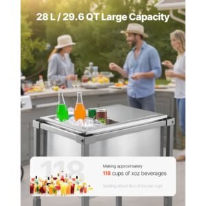 rolling ice chest cooler cart, 20"l x 14"w x 38"h stainless steel cooling bin on wheels, 29.6 quart outdoor stand up cooler trolley with shelf, for patio backyard party bar cold drinks