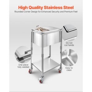 rolling ice chest cooler cart, 20"l x 14"w x 38"h stainless steel cooling bin on wheels, 29.6 quart outdoor stand up cooler trolley with shelf, for patio backyard party bar cold drinks