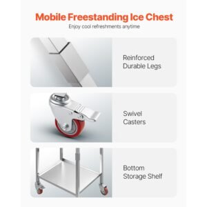 rolling ice chest cooler cart, 20"l x 14"w x 38"h stainless steel cooling bin on wheels, 29.6 quart outdoor stand up cooler trolley with shelf, for patio backyard party bar cold drinks