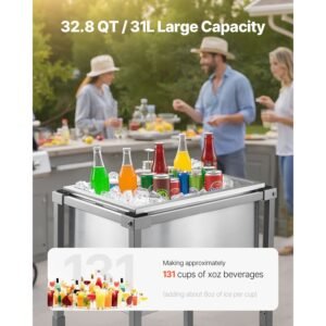 rolling ice chest cooler cart, 22"l x 16"w x 38"h stainless steel cooling bin on wheels, 32.8 quart outdoor stand up cooler trolley with shelf, for patio backyard party bar cold drinks