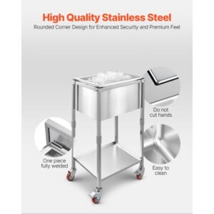 rolling ice chest cooler cart, 22"l x 16"w x 38"h stainless steel cooling bin on wheels, 32.8 quart outdoor stand up cooler trolley with shelf, for patio backyard party bar cold drinks