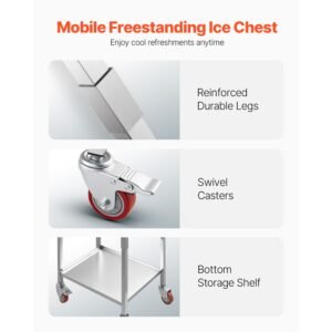 rolling ice chest cooler cart, 22"l x 16"w x 38"h stainless steel cooling bin on wheels, 32.8 quart outdoor stand up cooler trolley with shelf, for patio backyard party bar cold drinks