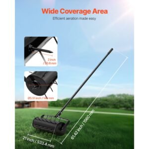 rolling lawn aerator, 21 inch heavy duty manual rolling aerator lawn with detachable handle and 33 iron spikes, rolling lawn aeration tool for garden patio yard compacted soils and lawns, black