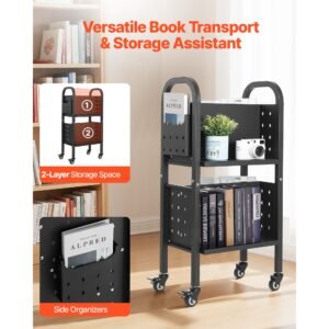 rolling library book cart, 150 lbs capacity, 17.7 x 13.0 x 34.6 inch library cart, double sided l shaped shelves with 2 inch lockable wheels, book truck for home shelves office and school, black