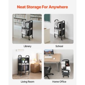 rolling library book cart, 150 lbs capacity, 17.7 x 13.0 x 34.6 inch library cart, double sided l shaped shelves with 2 inch lockable wheels, book truck for home shelves office and school, black