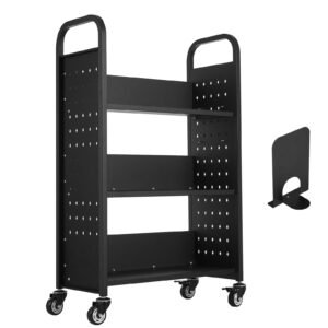 Rolling Library Book Cart, 330 lbs Capacity, 30.3 x 15 x 48.0-Inch Library Cart, Single Sided L-Shaped Shelves with 3-Inch Lockable Wheels, Book Truck for Home Shelves Office and School, Black