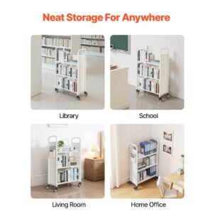 rolling library book cart, 330 lbs capacity, 30.3 x 15 x 48.0 inch library cart, single sided l shaped shelves with 3 inch lockable wheels, book truck for home shelves office and school, white
