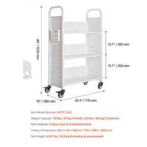 rolling library book cart, 330 lbs capacity, 30.3 x 15 x 48.0 inch library cart, single sided l shaped shelves with 3 inch lockable wheels, book truck for home shelves office and school, white