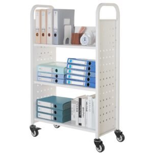 rolling library book cart, 330 lbs capacity, 30.3 x 15 x 48.0 inch library cart, single sided l shaped shelves with 3 inch lockable wheels, book truck for home shelves office and school, white