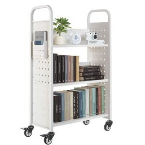 rolling library book cart, 330 lbs capacity, 30.3 x 15 x 48.0 inch library cart, single sided l shaped shelves with 3 inch lockable wheels, book truck for home shelves office and school, white