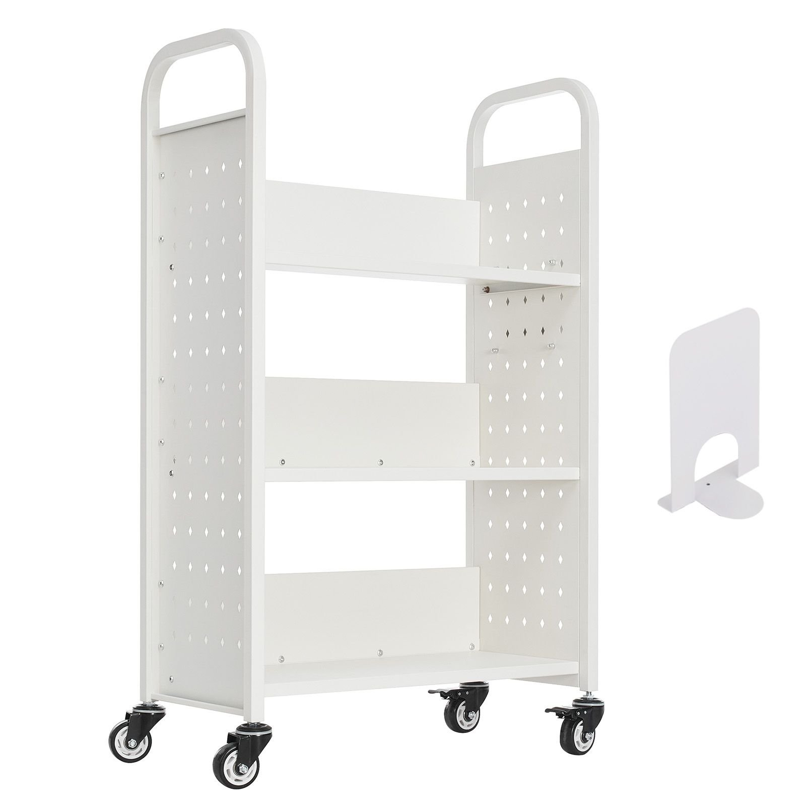 rolling library book cart, 330 lbs capacity, 30.3 x 15 x 48.0 inch library cart, single sided l shaped shelves with 3 inch lockable wheels, book truck for home shelves office and school, white