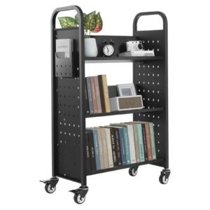 rolling library book cart, 330 lbs capacity, 30.3 x 15 x 48.0 inch library cart, single sided v shaped shelves with 3 inch lockable wheels, book truck for home shelves office and school, black