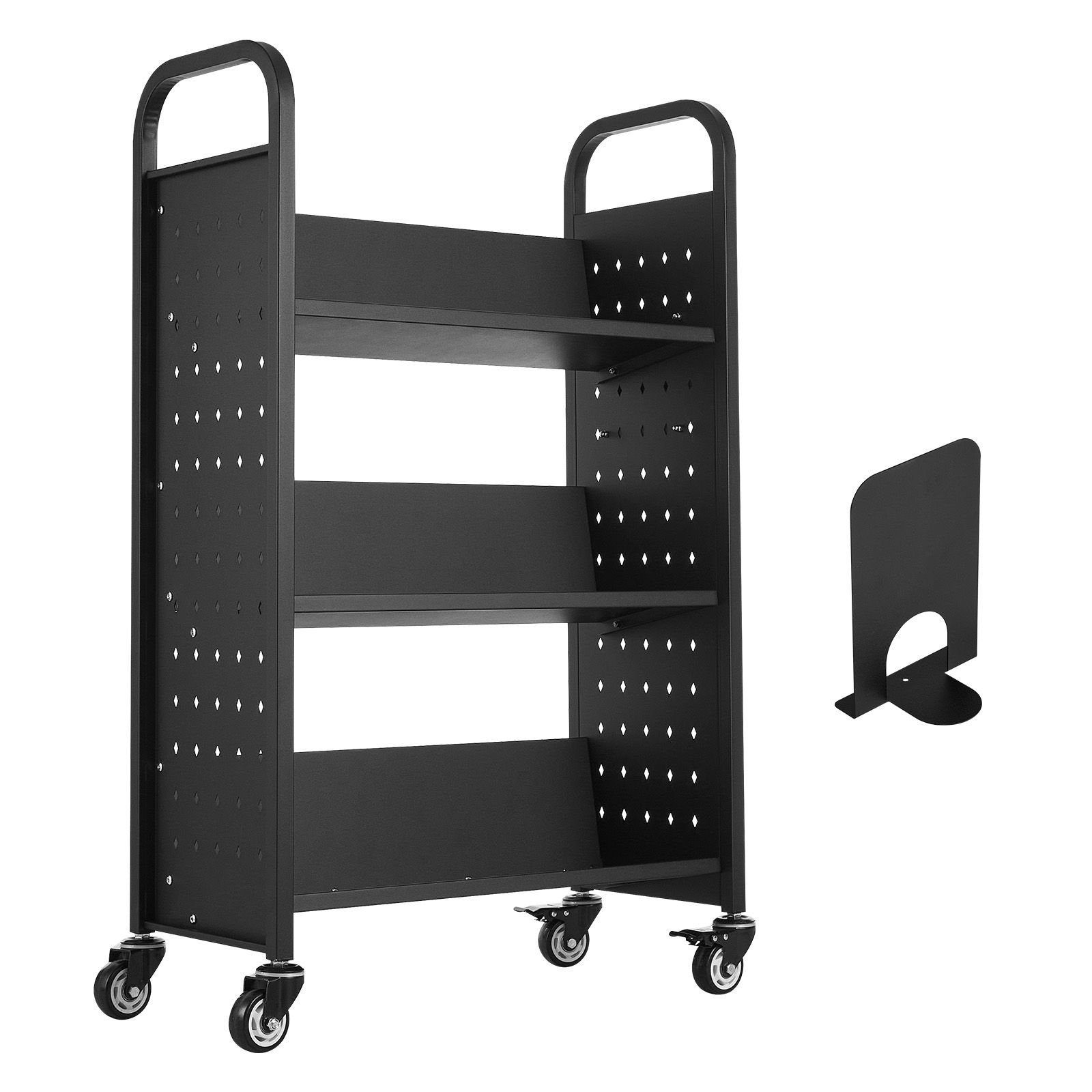 rolling library book cart, 330 lbs capacity, 30.3 x 15 x 48.0 inch library cart, single sided v shaped shelves with 3 inch lockable wheels, book truck for home shelves office and school, black