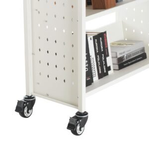 rolling library book cart, 330 lbs capacity, 30.3 x 15 x 48.0 inch library cart, single sided v shaped shelves with 3 inch lockable wheels, book truck for home shelves office and school, white