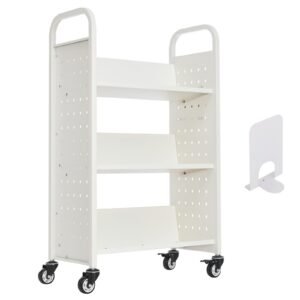 Rolling Library Book Cart, 330 lbs Capacity, 30.3 x 15 x 48.0-Inch Library Cart, Single Sided V-Shaped Shelves with 3-Inch Lockable Wheels, Book Truck for Home Shelves Office and School, White