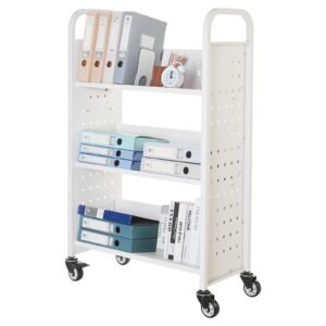rolling library book cart, 330 lbs capacity, 30.3 x 15 x 48.0 inch library cart, single sided v shaped shelves with 3 inch lockable wheels, book truck for home shelves office and school, white