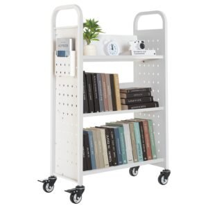 rolling library book cart, 330 lbs capacity, 30.3 x 15 x 48.0 inch library cart, single sided v shaped shelves with 3 inch lockable wheels, book truck for home shelves office and school, white