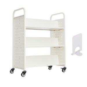 Rolling Library Book Cart, 330 lbs Capacity, 38.2 x 20.3 x 48.2-Inch Library Cart, Double Sided W-Shaped Shelves with 3-Inch Lockable Wheels, Book Truck for Home Shelves Office and School, White
