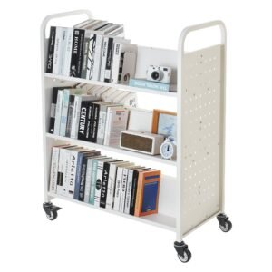 rolling library book cart, 330 lbs capacity, 38.2 x 20.3 x 48.2 inch library cart, double sided w shaped shelves with 3 inch lockable wheels, book truck for home shelves office and school, white