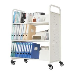 rolling library book cart, 330 lbs capacity, 38.2 x 20.3 x 48.2 inch library cart, double sided w shaped shelves with 3 inch lockable wheels, book truck for home shelves office and school, white