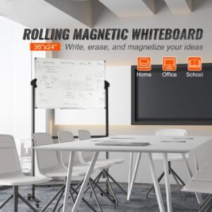 rolling magnetic whiteboard, double sided mobile whiteboard 36x24 inches, adjustable height dry erase board with wheels, 1 magnetic erase & 3 dry erase markers & movable tray office, school
