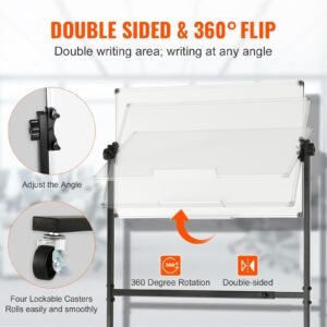 rolling magnetic whiteboard, double sided mobile whiteboard 36x24 inches, adjustable height dry erase board with wheels, 1 magnetic erase & 3 dry erase markers & movable tray office, school