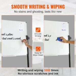 rolling magnetic whiteboard, double sided mobile whiteboard 36x24 inches, adjustable height dry erase board with wheels, 1 magnetic erase & 3 dry erase markers & movable tray office, school