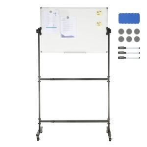 Rolling Magnetic Whiteboard, Double-sided Mobile Whiteboard 36x24 Inches, Adjustable Height Dry Erase Board with Wheels, 1 Magnetic Erase & 3 Dry Erase Markers & Movable Tray Office, School