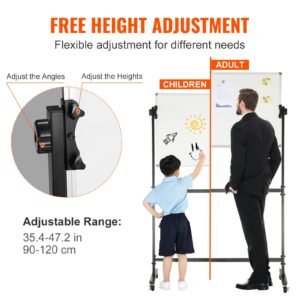 rolling magnetic whiteboard, double sided mobile whiteboard 36x24 inches, adjustable height dry erase board with wheels, 1 magnetic erase & 3 dry erase markers & movable tray office, school